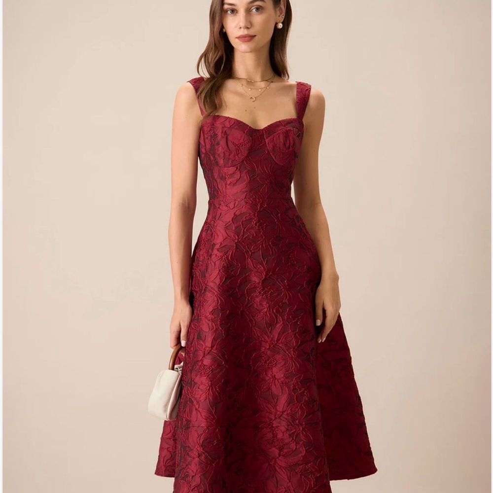 Rihoas Red Sweetheart Neck Jacquard Midi Dress
